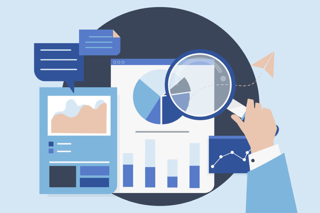 magnifying glass with charts and graphs